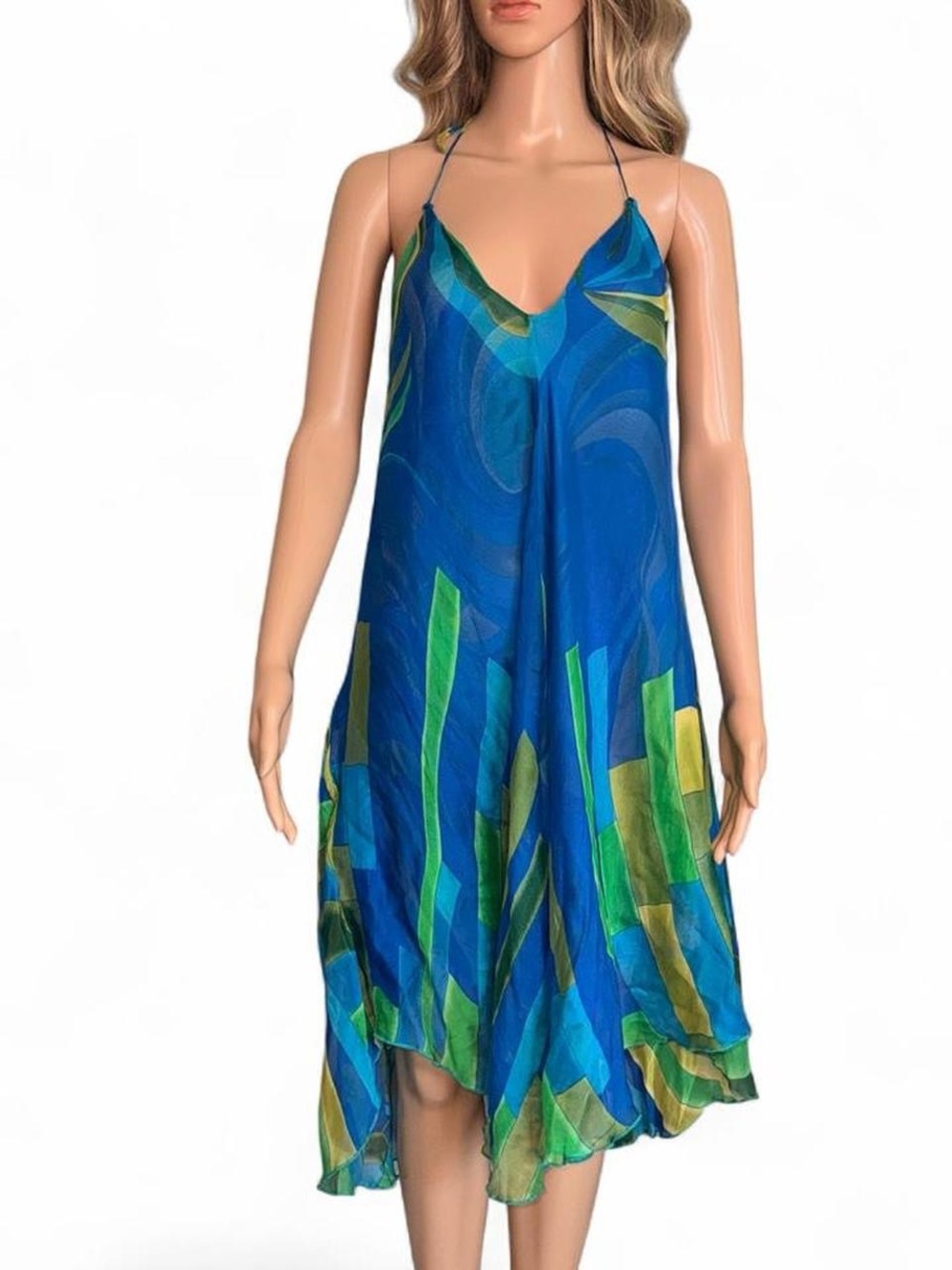 Vintage Blue & Green 100% Silk Halter Dress - Medium